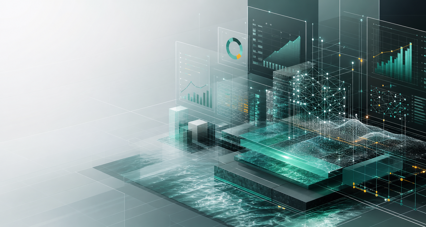 Abstract data intelligence system combining BI dashboards, AI model signals, and large-scale data architecture